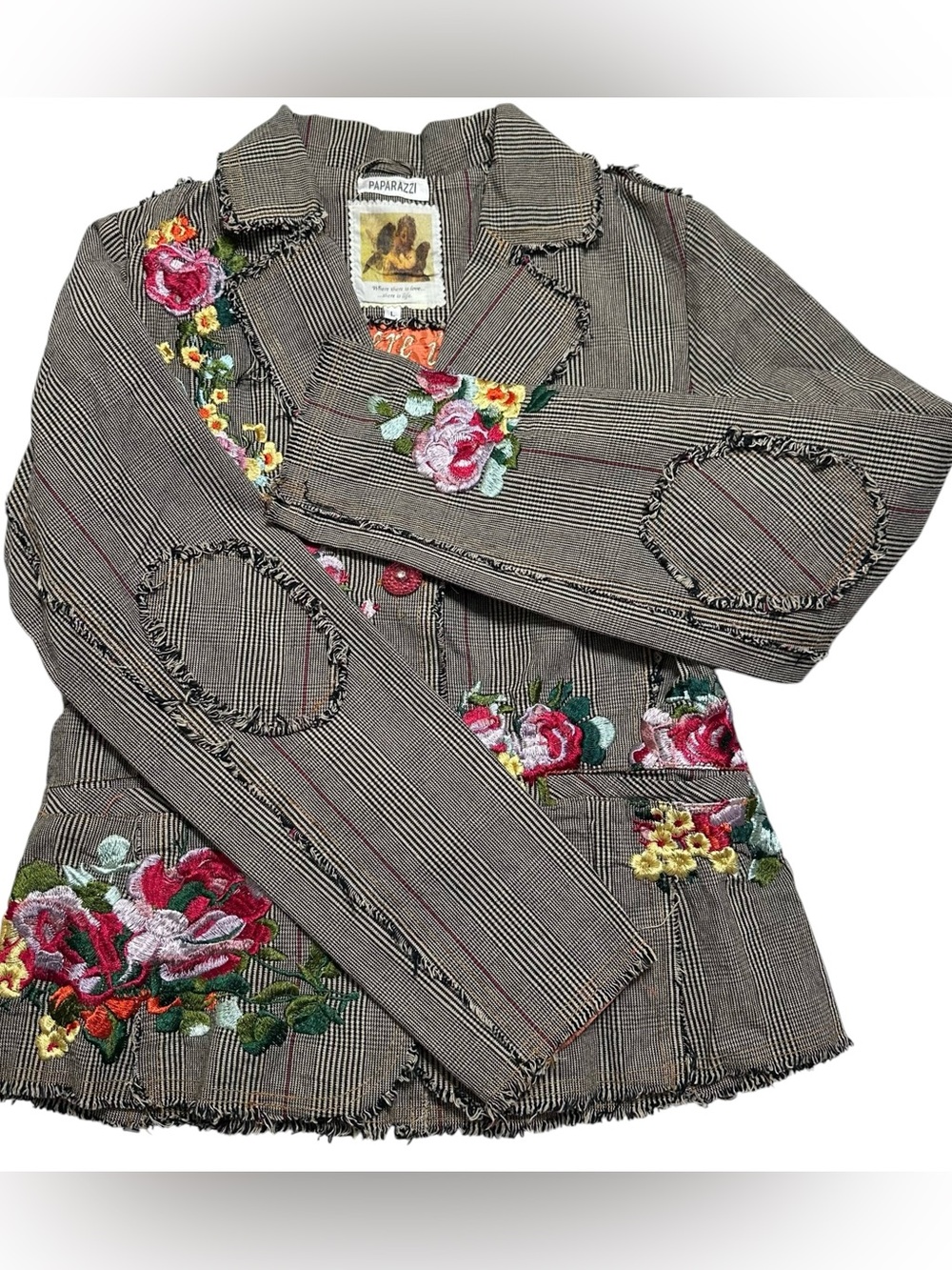 Paparazzi By Biz Embroidered Tweed Blazer Raw Edges Plaid/Lined Sz.L Boho Artsy